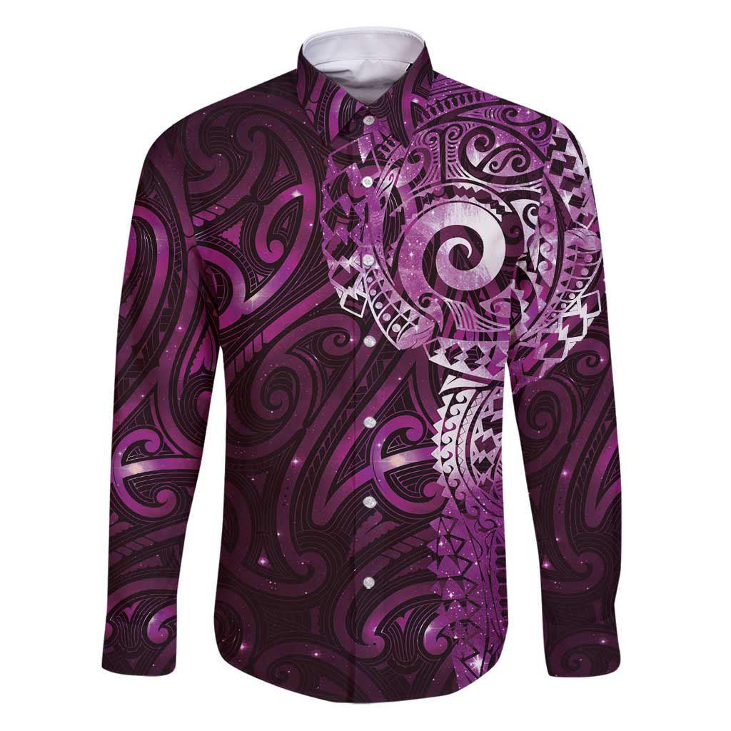 Matariki New Zealand Maori Koru Art Tattoo Family Matching Puletasi and Hawaiian Shirt New Year Galaxy Pink Sky Style LT03 Dad's Shirt - Long Sleeve Pink - Polynesian Pride