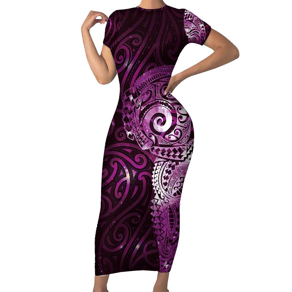 Matariki New Zealand Maori Koru Art Tattoo Family Matching Short Sleeve Bodycon Dress and Hawaiian Shirt New Year Galaxy Pink Sky Style LT03 Mom's Dress Pink - Polynesian Pride
