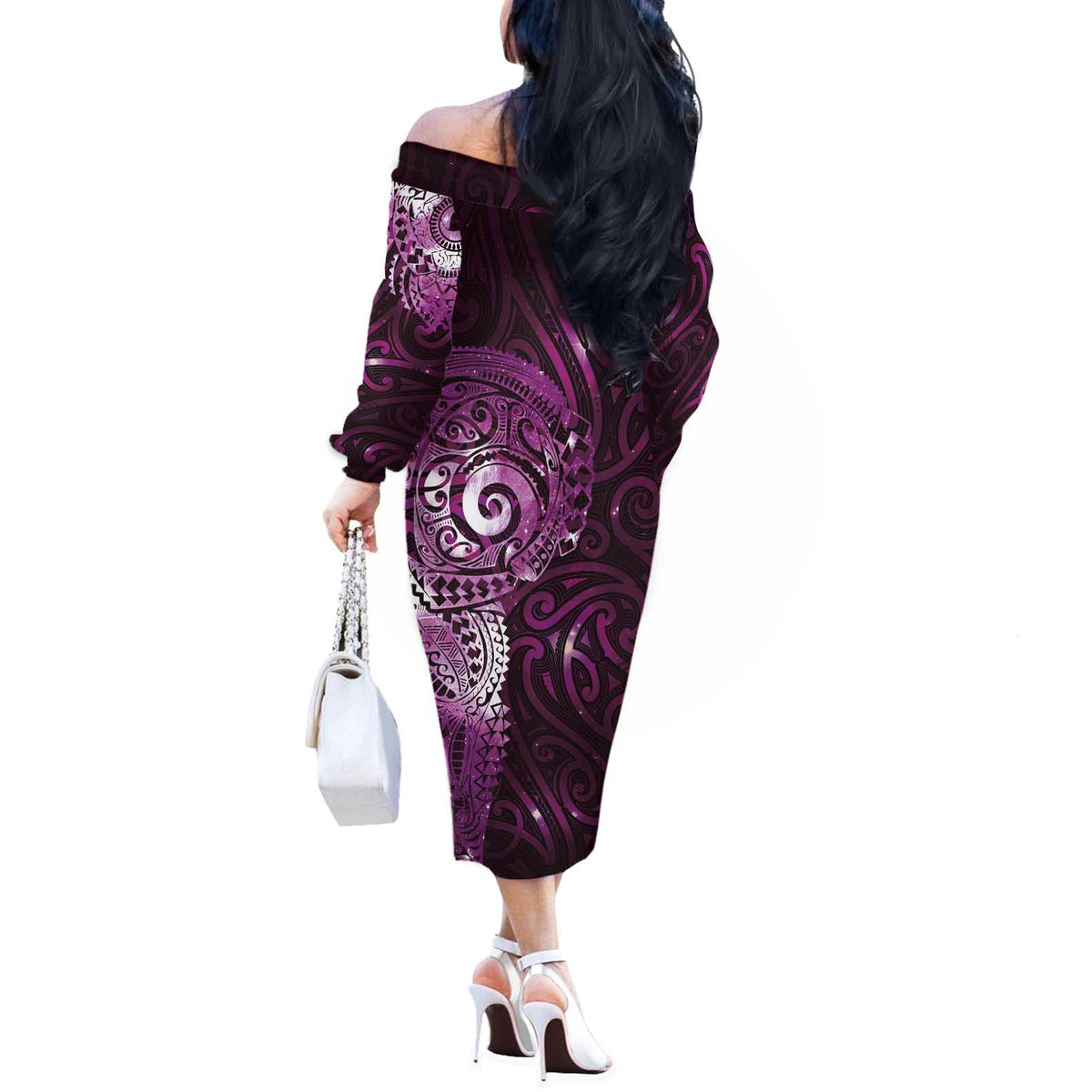 Matariki New Zealand Maori Koru Art Tattoo Off The Shoulder Long Sleeve Dress New Year Galaxy Pink Sky Style LT03 - Polynesian Pride