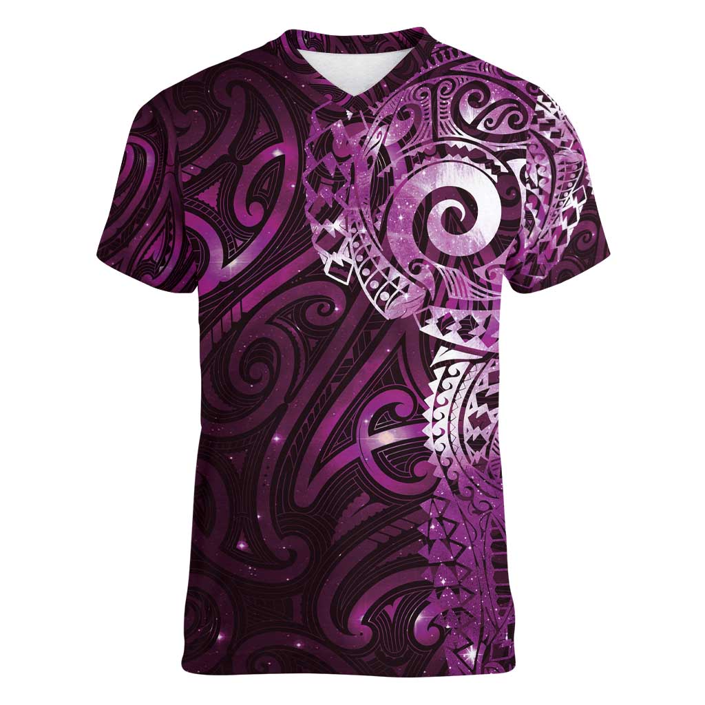 Matariki New Zealand Maori Koru Art Tattoo Women V-Neck T-Shirt New Year Galaxy Pink Sky Style LT03 Female Pink - Polynesian Pride