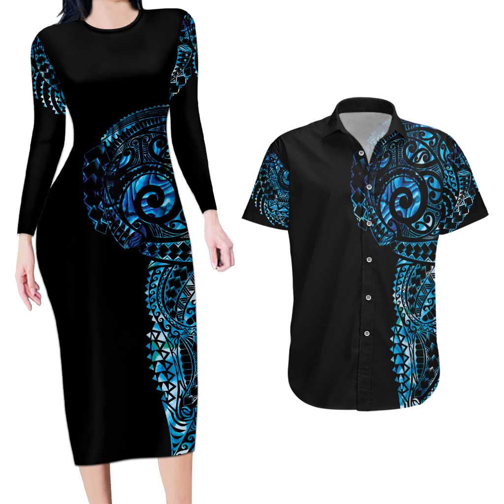 New Zealand Maori Koru Art Traditional Tattoo Couples Matching Long Sleeve Bodycon Dress and Hawaiian Shirt Paua Shell LT03 Black - Polynesian Pride