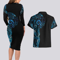 New Zealand Maori Koru Art Traditional Tattoo Couples Matching Long Sleeve Bodycon Dress and Hawaiian Shirt Paua Shell LT03 - Polynesian Pride