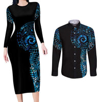New Zealand Maori Koru Art Traditional Tattoo Couples Matching Long Sleeve Bodycon Dress and Long Sleeve Button Shirt Paua Shell LT03 Black - Polynesian Pride