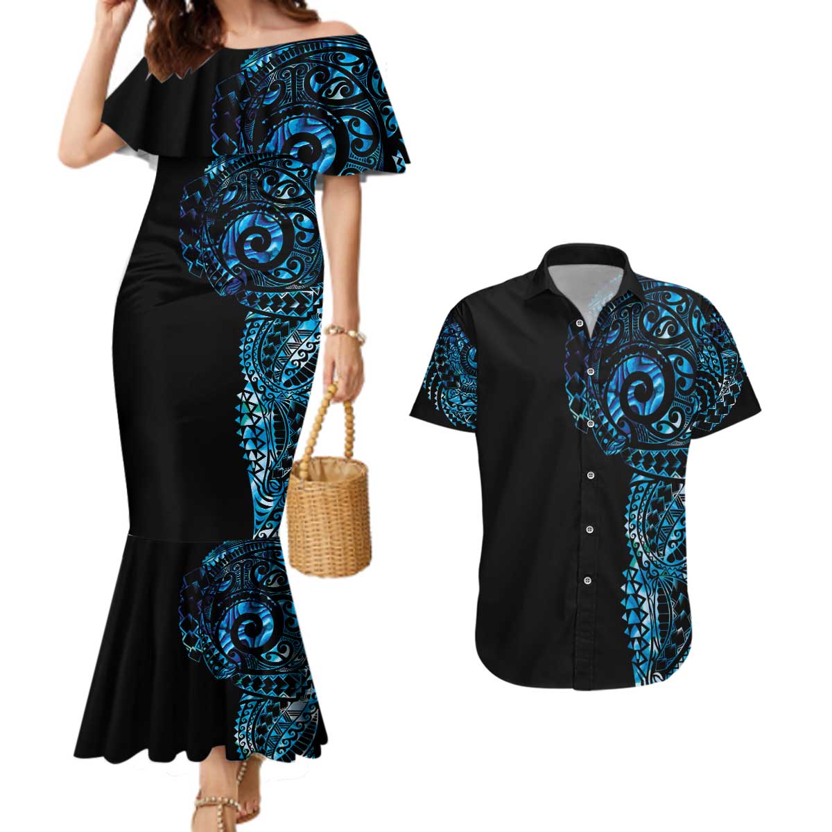 New Zealand Maori Koru Art Traditional Tattoo Couples Matching Mermaid Dress and Hawaiian Shirt Paua Shell LT03 Black - Polynesian Pride