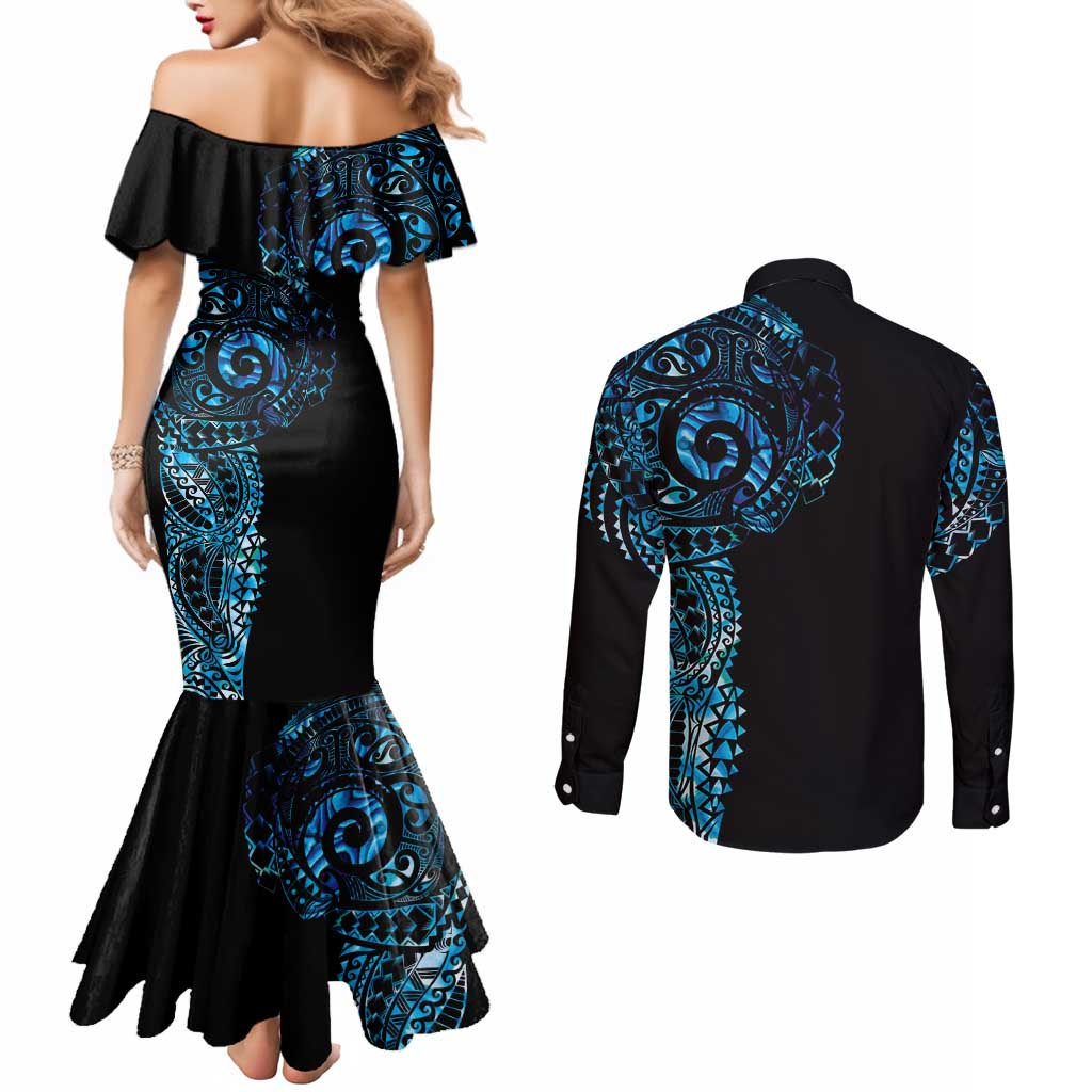 New Zealand Maori Koru Art Traditional Tattoo Couples Matching Mermaid Dress and Long Sleeve Button Shirt Paua Shell LT03 - Polynesian Pride