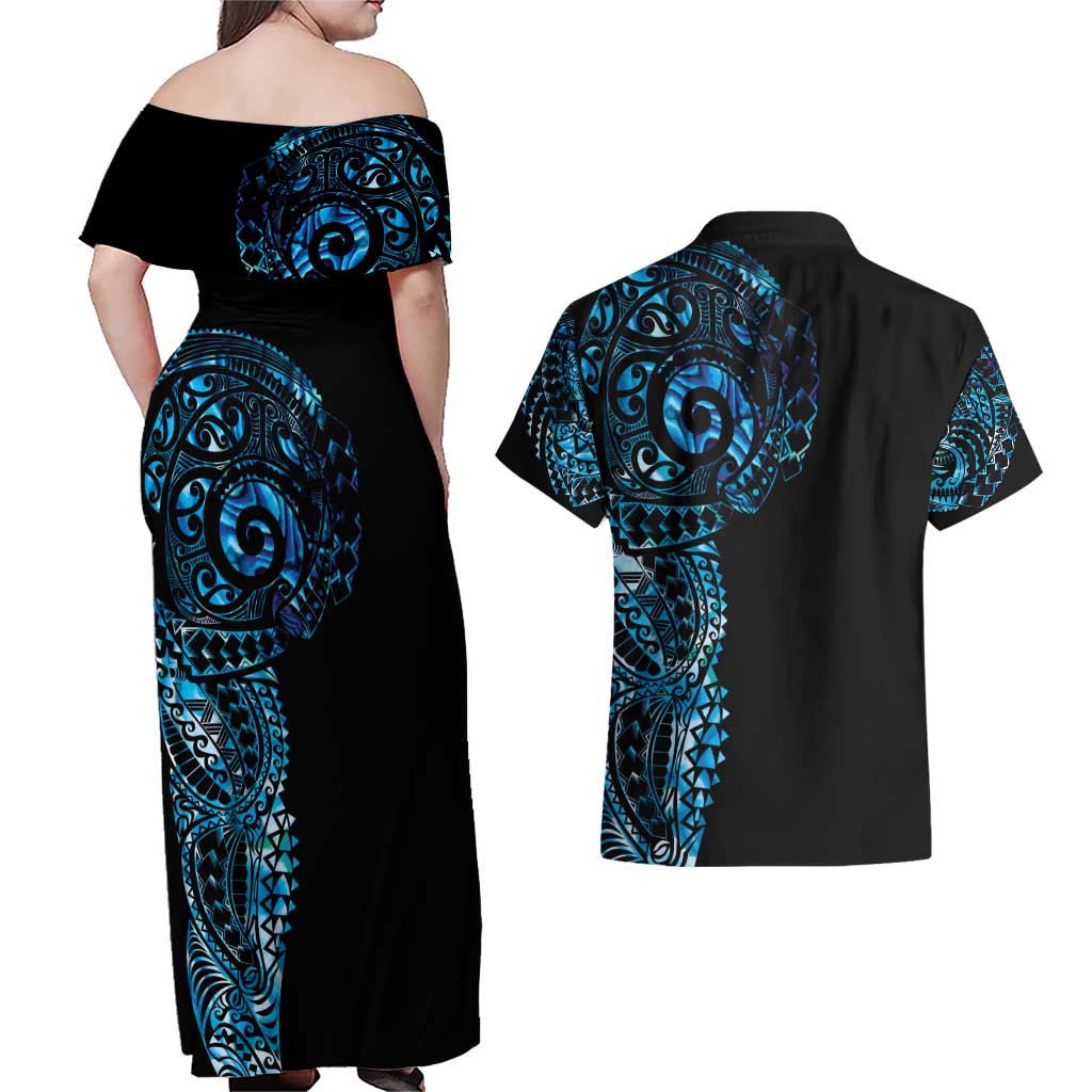 New Zealand Maori Koru Art Traditional Tattoo Couples Matching Off Shoulder Maxi Dress and Hawaiian Shirt Paua Shell LT03 - Polynesian Pride