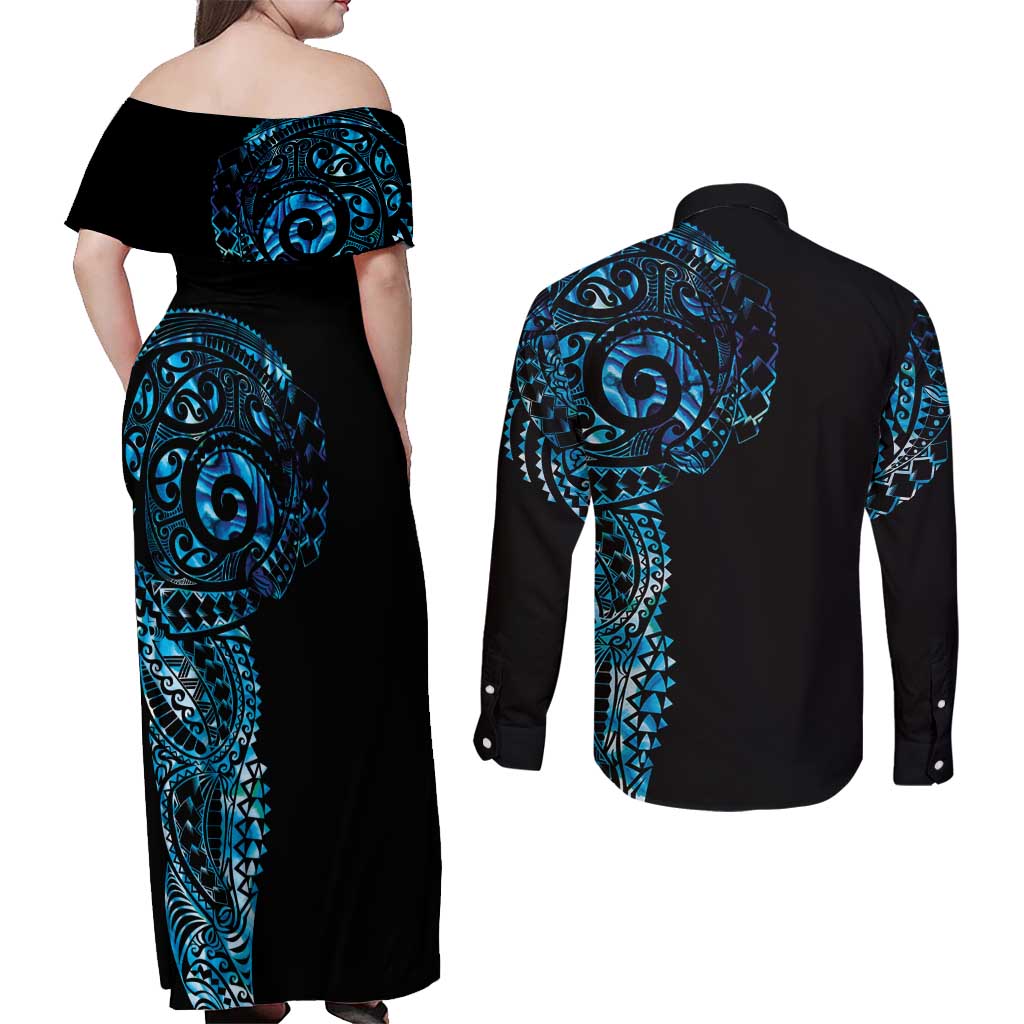 New Zealand Maori Koru Art Traditional Tattoo Couples Matching Off Shoulder Maxi Dress and Long Sleeve Button Shirt Paua Shell LT03 - Polynesian Pride
