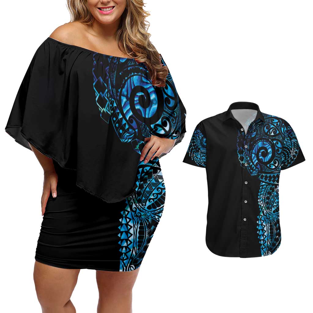 New Zealand Maori Koru Art Traditional Tattoo Couples Matching Off Shoulder Short Dress and Hawaiian Shirt Paua Shell LT03 Black - Polynesian Pride