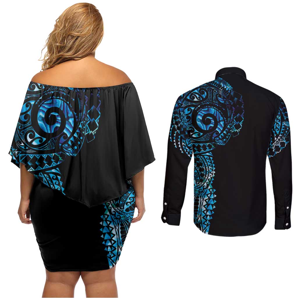 New Zealand Maori Koru Art Traditional Tattoo Couples Matching Off Shoulder Short Dress and Long Sleeve Button Shirt Paua Shell LT03 - Polynesian Pride