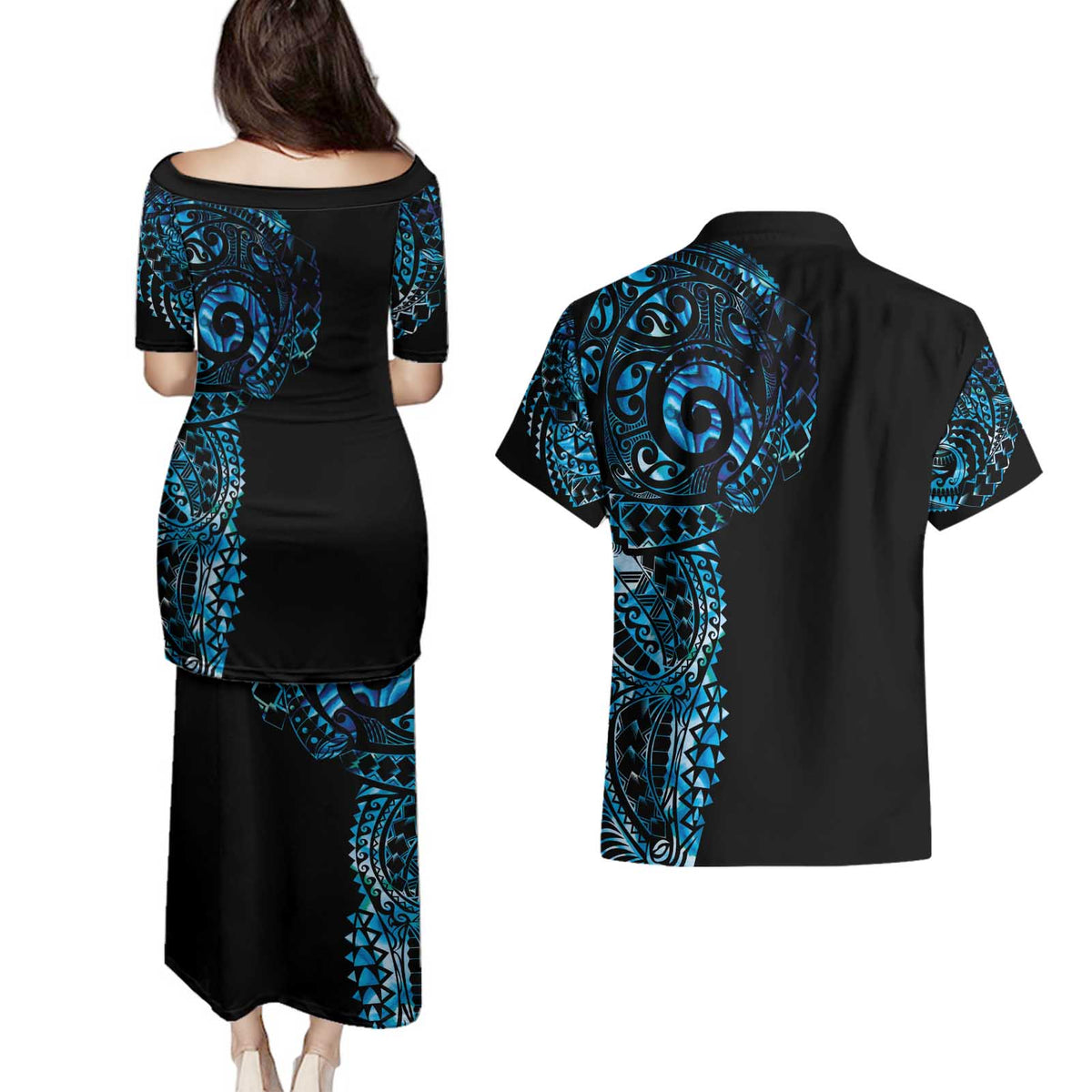 New Zealand Maori Koru Art Traditional Tattoo Couples Matching Puletasi and Hawaiian Shirt Paua Shell LT03 - Polynesian Pride
