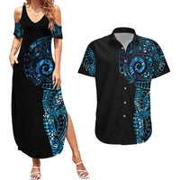 New Zealand Maori Koru Art Traditional Tattoo Couples Matching Summer Maxi Dress and Hawaiian Shirt Paua Shell LT03 Black - Polynesian Pride