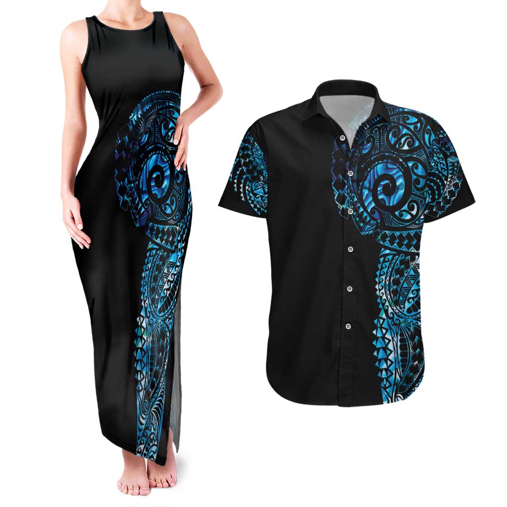 New Zealand Maori Koru Art Traditional Tattoo Couples Matching Tank Maxi Dress and Hawaiian Shirt Paua Shell LT03 Black - Polynesian Pride