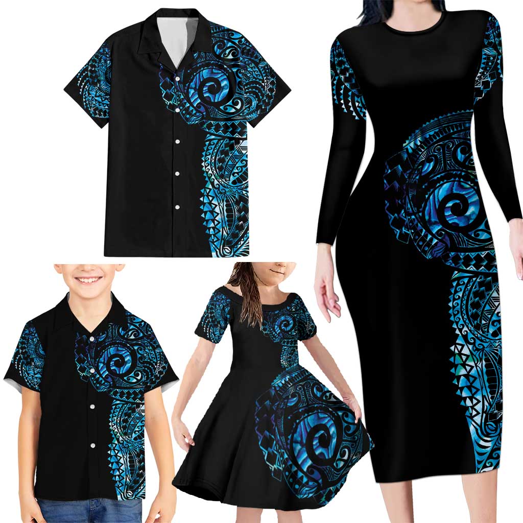 New Zealand Maori Koru Art Traditional Tattoo Family Matching Long Sleeve Bodycon Dress and Hawaiian Shirt Paua Shell LT03 - Polynesian Pride