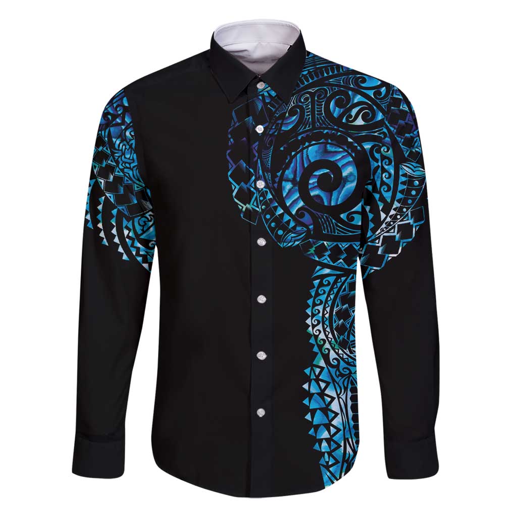 New Zealand Maori Koru Art Traditional Tattoo Family Matching Long Sleeve Bodycon Dress and Hawaiian Shirt Paua Shell LT03 Dad's Shirt - Long Sleeve Black - Polynesian Pride
