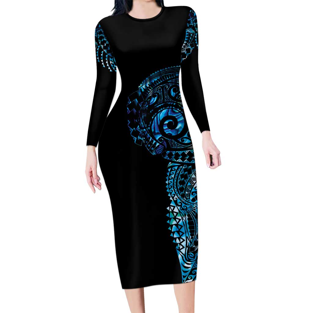 New Zealand Maori Koru Art Traditional Tattoo Family Matching Long Sleeve Bodycon Dress and Hawaiian Shirt Paua Shell LT03 Mom's Dress Black - Polynesian Pride