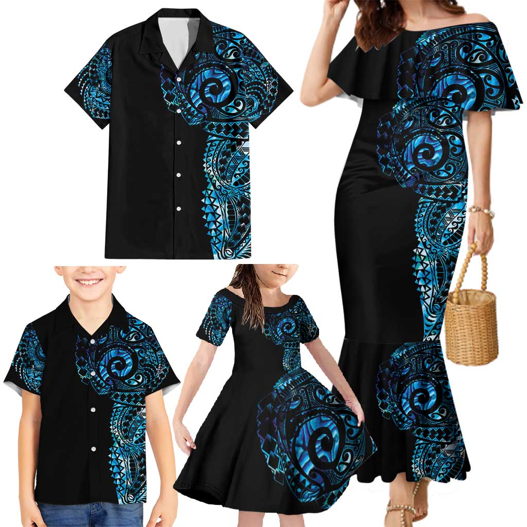 New Zealand Maori Koru Art Traditional Tattoo Family Matching Mermaid Dress and Hawaiian Shirt Paua Shell