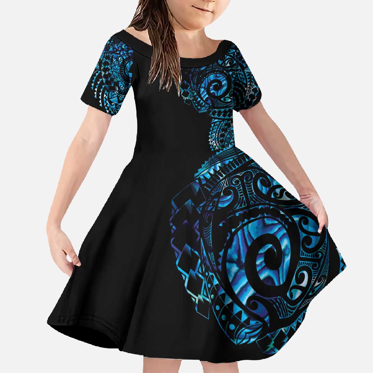 New Zealand Maori Koru Art Traditional Tattoo Family Matching Off The Shoulder Long Sleeve Dress and Hawaiian Shirt Paua Shell LT03 Daughter's Dress Black - Polynesian Pride