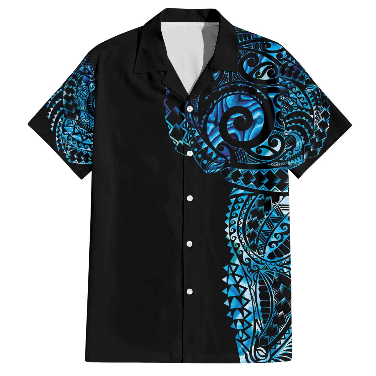 New Zealand Maori Koru Art Traditional Tattoo Family Matching Off The Shoulder Long Sleeve Dress and Hawaiian Shirt Paua Shell LT03 Dad's Shirt - Short Sleeve Black - Polynesian Pride