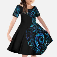 New Zealand Maori Koru Art Traditional Tattoo Family Matching Off Shoulder Maxi Dress and Hawaiian Shirt Paua Shell LT03 Daughter's Dress Black - Polynesian Pride