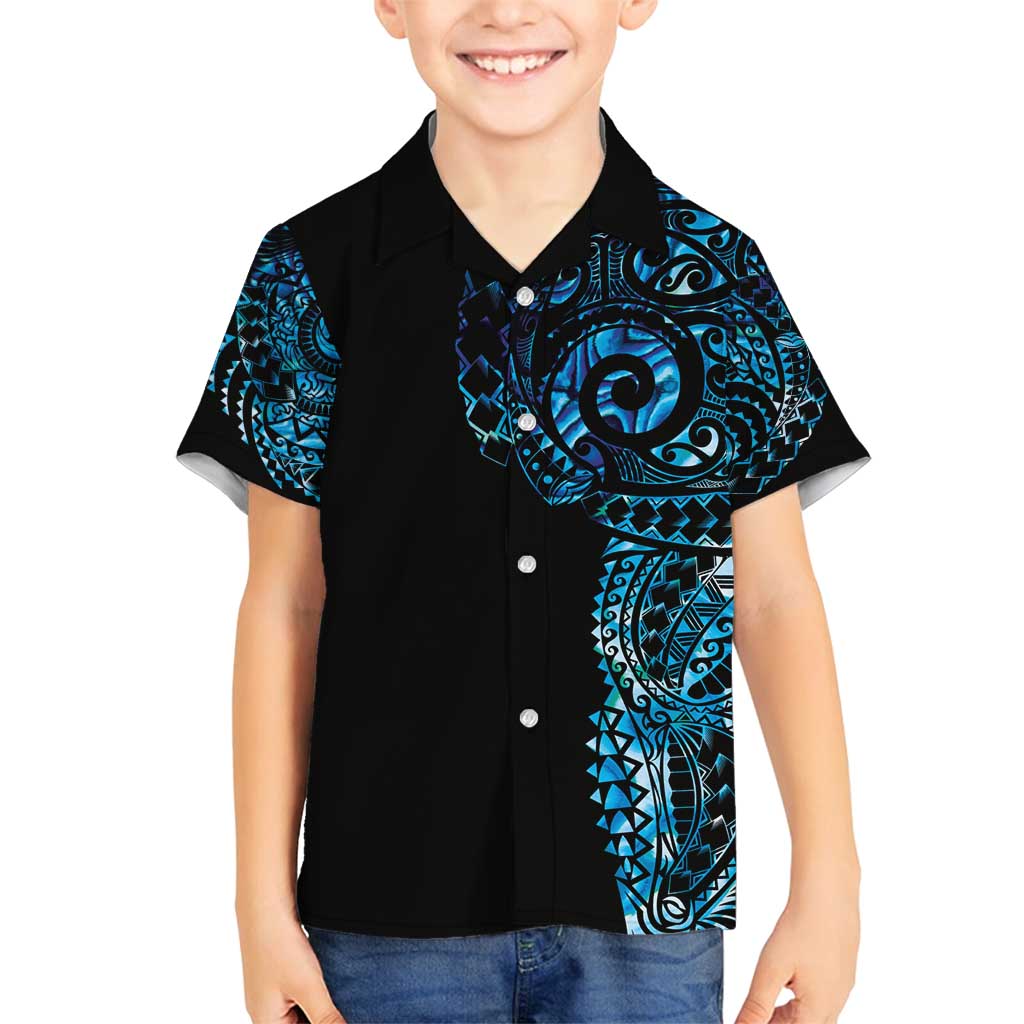 New Zealand Maori Koru Art Traditional Tattoo Family Matching Off Shoulder Short Dress and Hawaiian Shirt Paua Shell LT03 Son's Shirt Black - Polynesian Pride