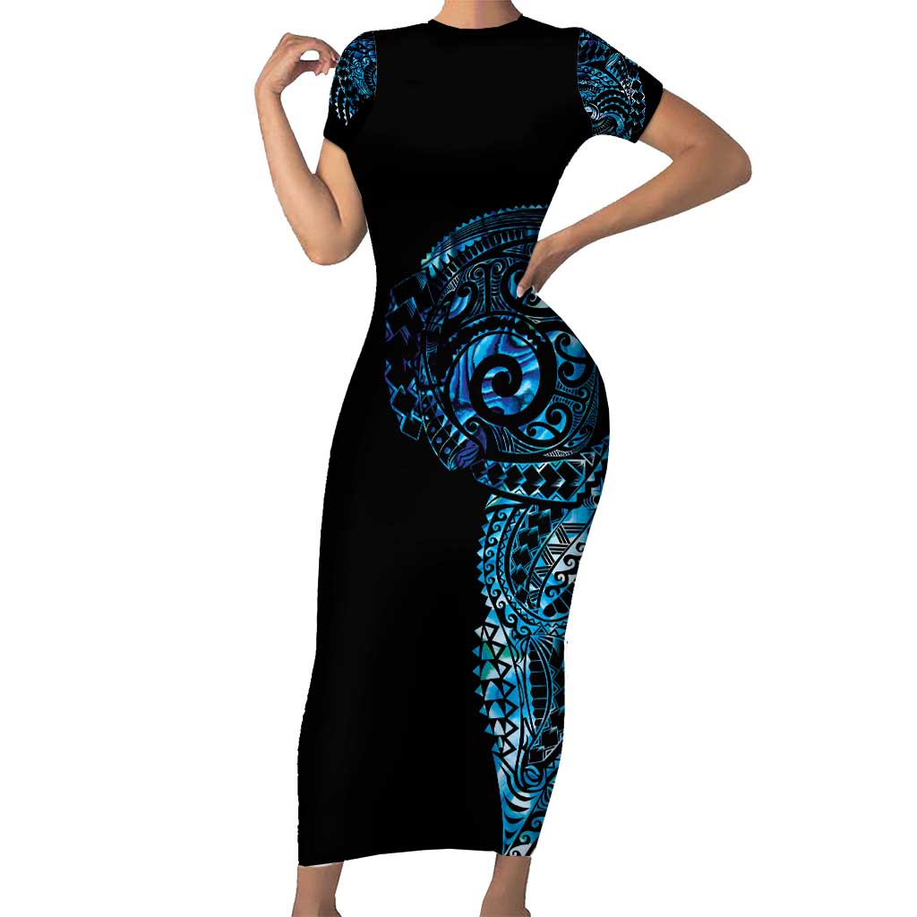 New Zealand Maori Koru Art Traditional Tattoo Family Matching Short Sleeve Bodycon Dress and Hawaiian Shirt Paua Shell LT03 Mom's Dress Black - Polynesian Pride