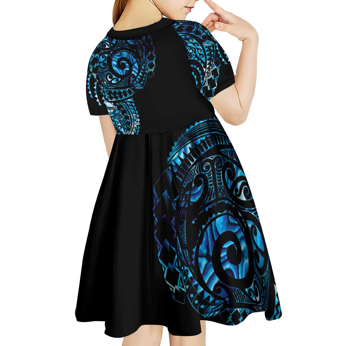 New Zealand Maori Koru Art Traditional Tattoo Kid Short Sleeve Dress Paua Shell