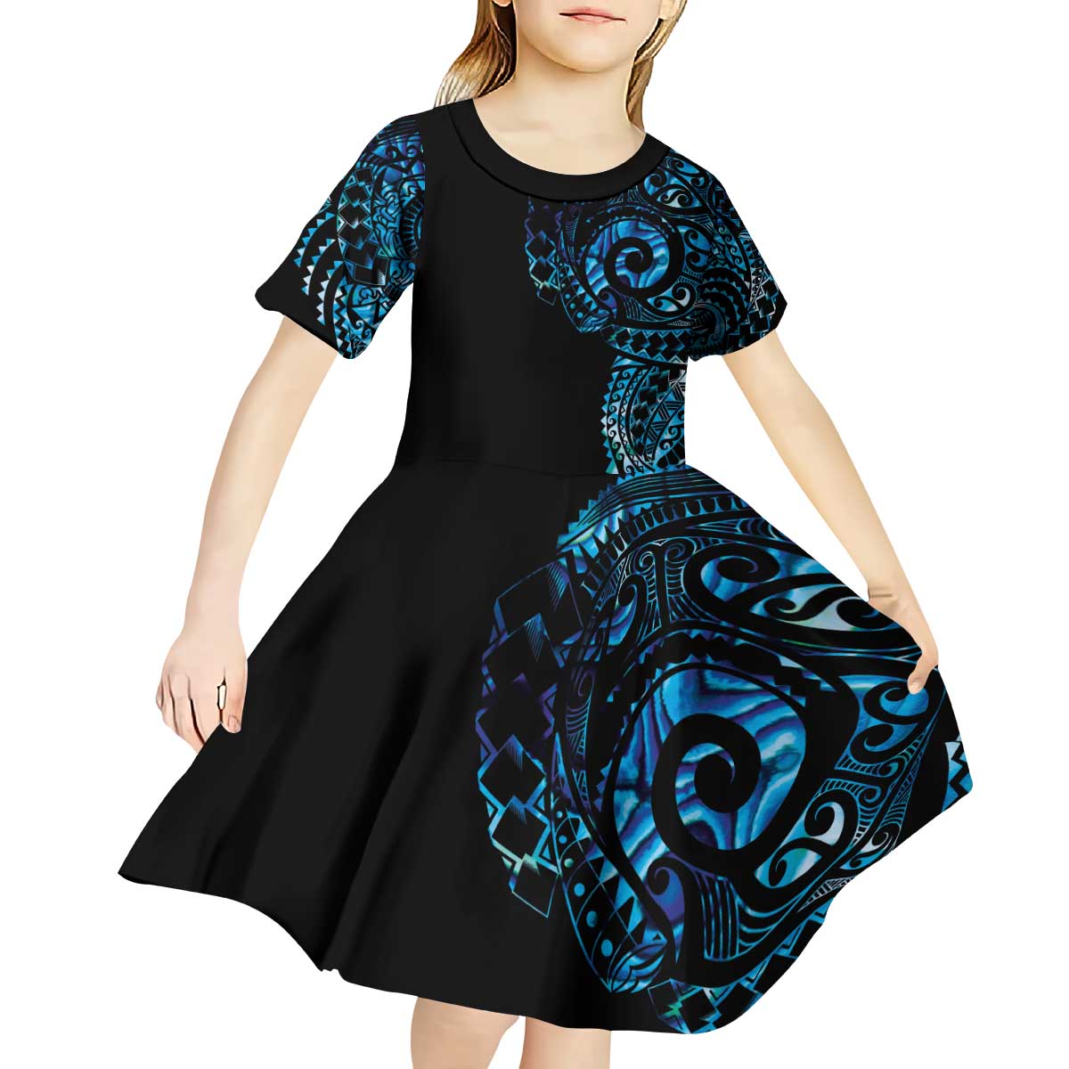 New Zealand Maori Koru Art Traditional Tattoo Kid Short Sleeve Dress Paua Shell