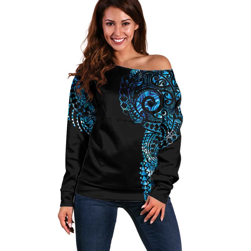 New Zealand Maori Koru Art Traditional Tattoo Off Shoulder Sweater Paua Shell