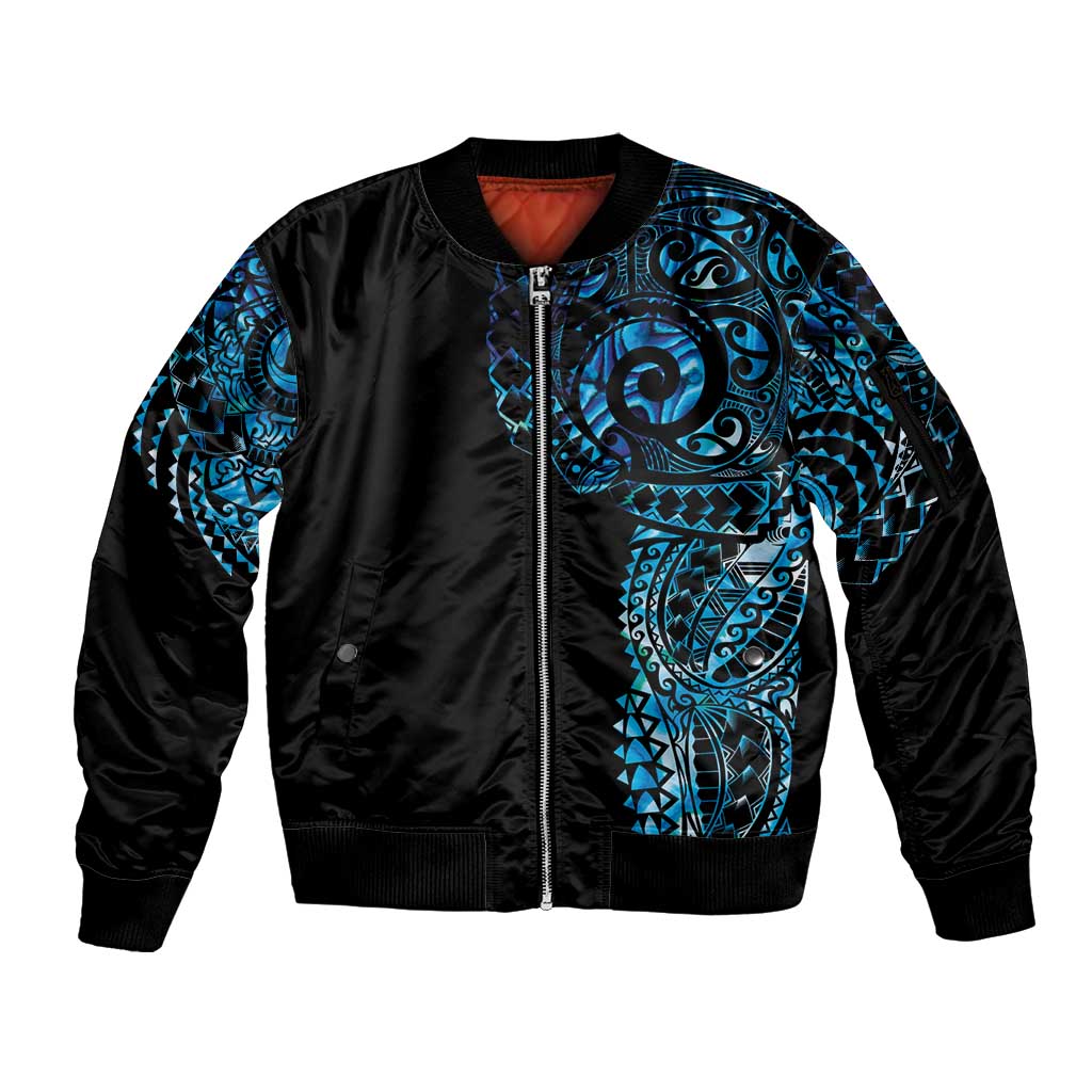 New Zealand Maori Koru Art Traditional Tattoo Sleeve Zip Bomber Jacket Paua Shell LT03 Unisex Black - Polynesian Pride