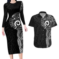 New Zealand Maori Koru Art Traditional Tattoo Couples Matching Long Sleeve Bodycon Dress and Hawaiian Shirt Simple Style LT03 Black - Polynesian Pride