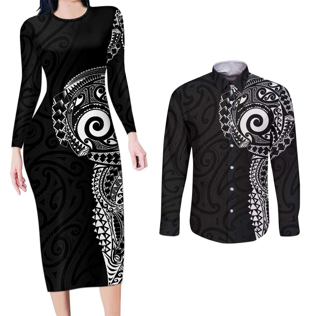 New Zealand Maori Koru Art Traditional Tattoo Couples Matching Long Sleeve Bodycon Dress and Long Sleeve Button Shirt Simple Style LT03 Black - Polynesian Pride