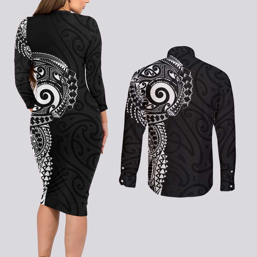 New Zealand Maori Koru Art Traditional Tattoo Couples Matching Long Sleeve Bodycon Dress and Long Sleeve Button Shirt Simple Style LT03 - Polynesian Pride