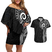 New Zealand Maori Koru Art Traditional Tattoo Couples Matching Off Shoulder Short Dress and Hawaiian Shirt Simple Style LT03 Black - Polynesian Pride