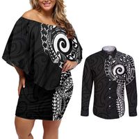 New Zealand Maori Koru Art Traditional Tattoo Couples Matching Off Shoulder Short Dress and Long Sleeve Button Shirt Simple Style LT03 Black - Polynesian Pride