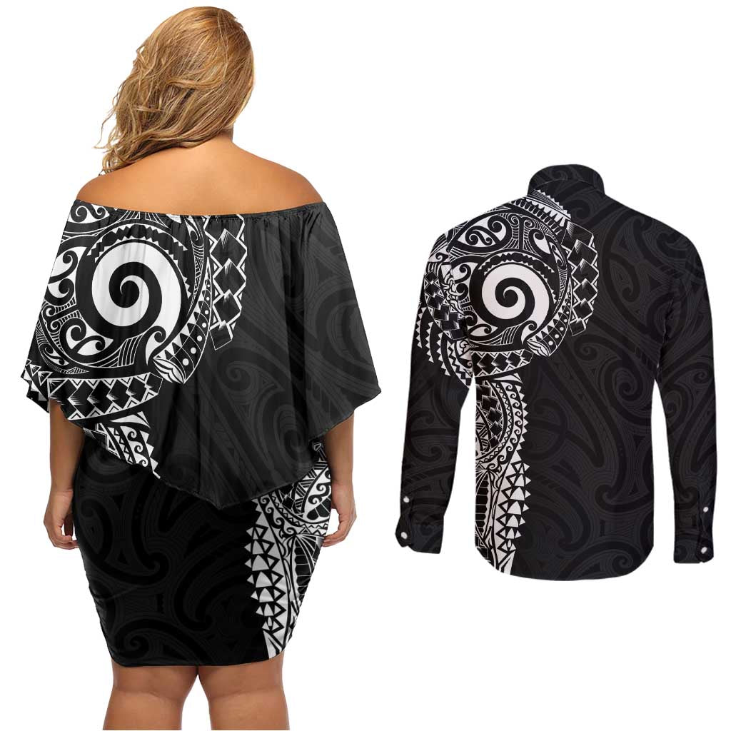 New Zealand Maori Koru Art Traditional Tattoo Couples Matching Off Shoulder Short Dress and Long Sleeve Button Shirt Simple Style LT03 - Polynesian Pride