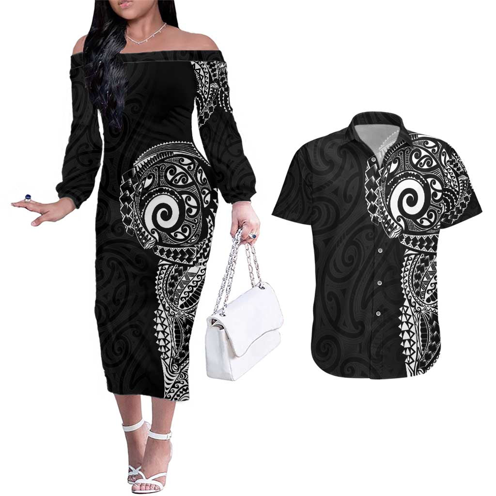 New Zealand Maori Koru Art Traditional Tattoo Couples Matching Off The Shoulder Long Sleeve Dress and Hawaiian Shirt Simple Style LT03 Black - Polynesian Pride