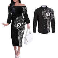 New Zealand Maori Koru Art Traditional Tattoo Couples Matching Off The Shoulder Long Sleeve Dress and Long Sleeve Button Shirt Simple Style LT03 Black - Polynesian Pride