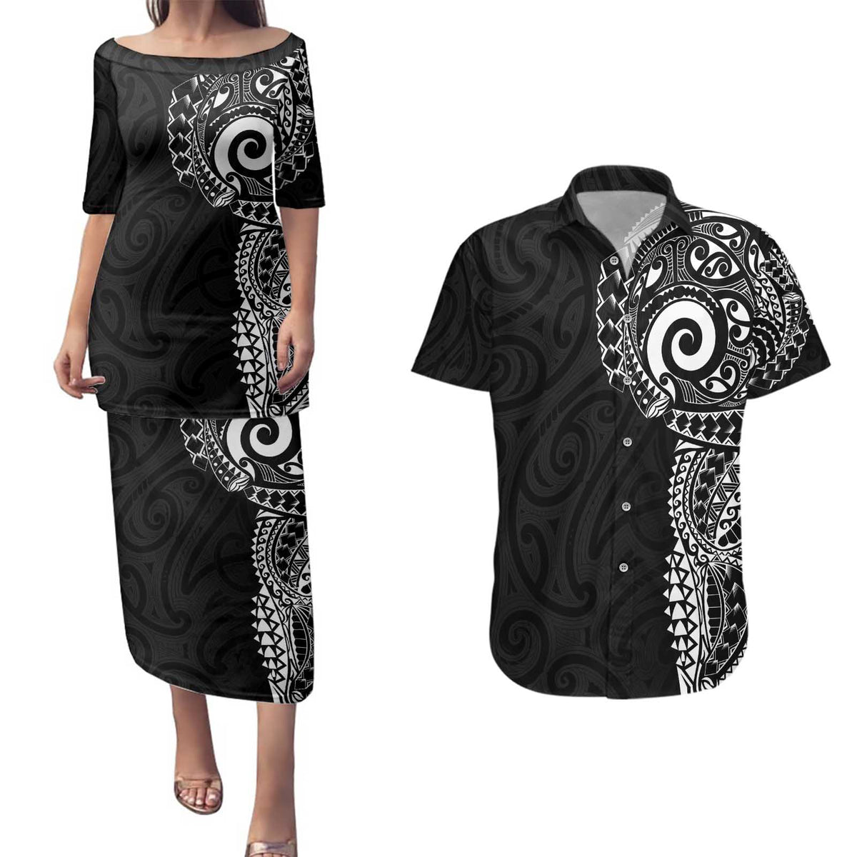 New Zealand Maori Koru Art Traditional Tattoo Couples Matching Puletasi and Hawaiian Shirt Simple Style LT03 Black - Polynesian Pride