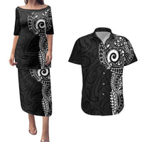 New Zealand Maori Koru Art Traditional Tattoo Couples Matching Puletasi and Hawaiian Shirt Simple Style LT03 Black - Polynesian Pride