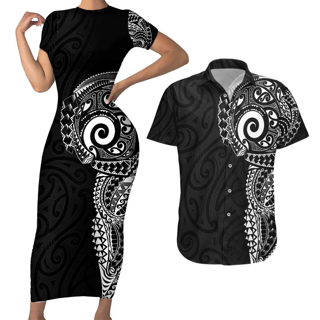 New Zealand Maori Koru Art Traditional Tattoo Couples Matching Short Sleeve Bodycon Dress and Hawaiian Shirt Simple Style LT03 Black - Polynesian Pride