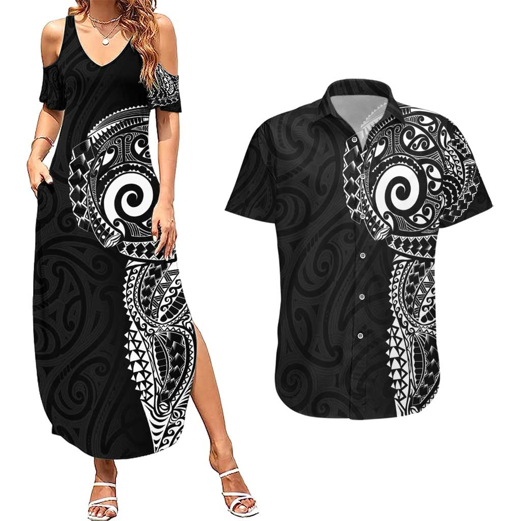 New Zealand Maori Koru Art Traditional Tattoo Couples Matching Summer Maxi Dress and Hawaiian Shirt Simple Style LT03 Black - Polynesian Pride