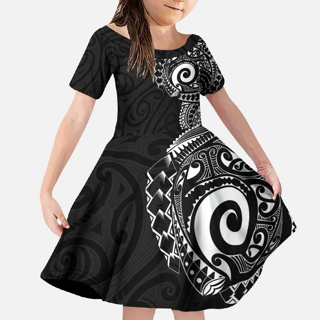 New Zealand Maori Koru Art Traditional Tattoo Family Matching Long Sleeve Bodycon Dress and Hawaiian Shirt Simple Style LT03 Daughter's Dress Black - Polynesian Pride