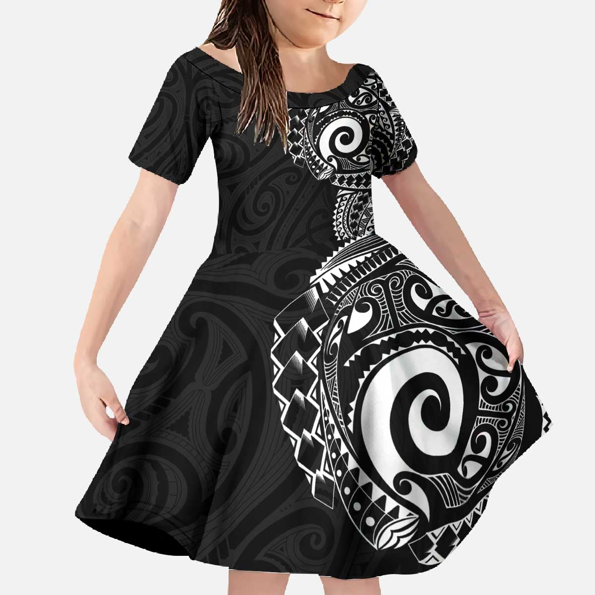 New Zealand Maori Koru Art Traditional Tattoo Family Matching Off The Shoulder Long Sleeve Dress and Hawaiian Shirt Simple Style LT03 Daughter's Dress Black - Polynesian Pride