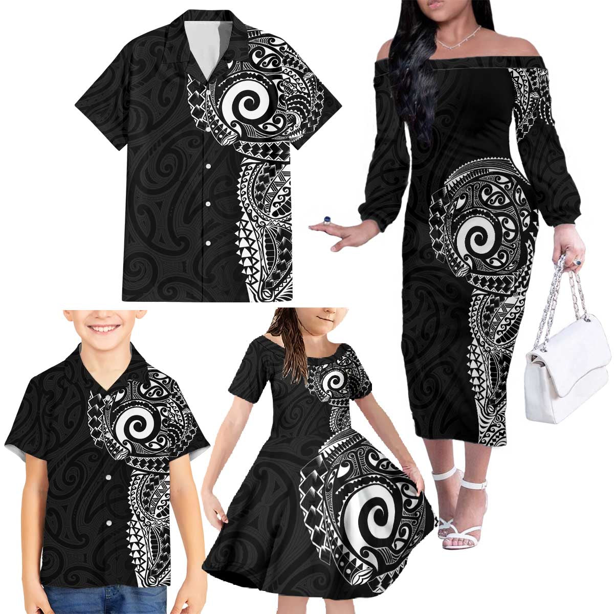 New Zealand Maori Koru Art Traditional Tattoo Family Matching Off The Shoulder Long Sleeve Dress and Hawaiian Shirt Simple Style LT03 - Polynesian Pride