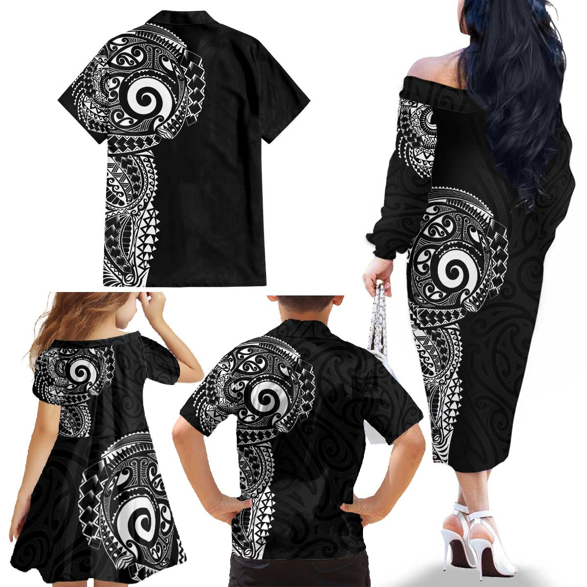 New Zealand Maori Koru Art Traditional Tattoo Family Matching Off The Shoulder Long Sleeve Dress and Hawaiian Shirt Simple Style LT03 - Polynesian Pride