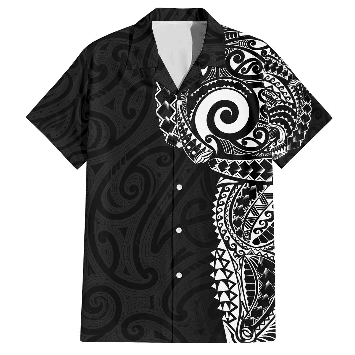 New Zealand Maori Koru Art Traditional Tattoo Family Matching Off The Shoulder Long Sleeve Dress and Hawaiian Shirt Simple Style LT03 Dad's Shirt - Short Sleeve Black - Polynesian Pride