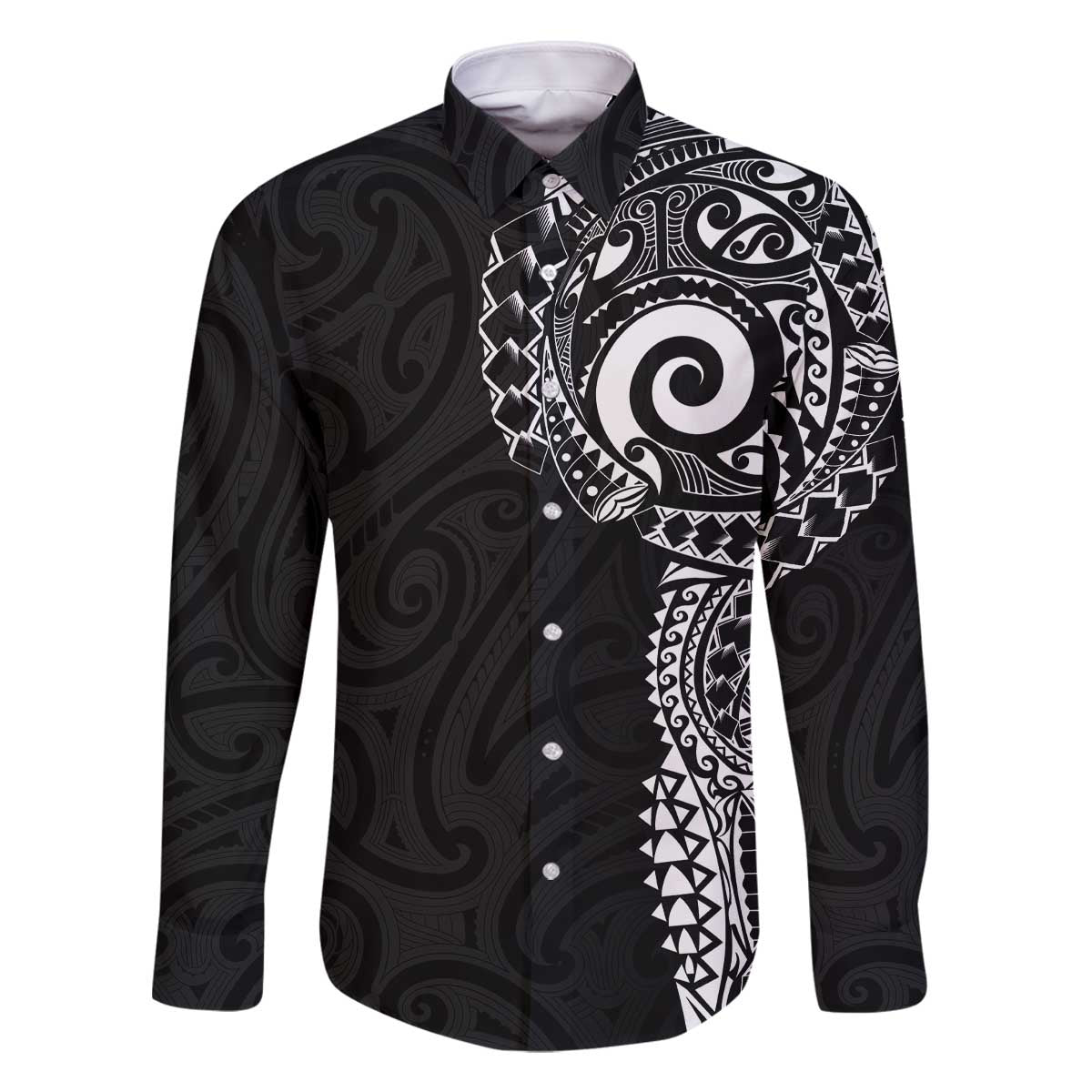 New Zealand Maori Koru Art Traditional Tattoo Family Matching Off The Shoulder Long Sleeve Dress and Hawaiian Shirt Simple Style LT03 Dad's Shirt - Long Sleeve Black - Polynesian Pride