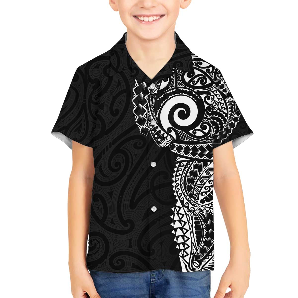New Zealand Maori Koru Art Traditional Tattoo Family Matching Off The Shoulder Long Sleeve Dress and Hawaiian Shirt Simple Style LT03 Son's Shirt Black - Polynesian Pride