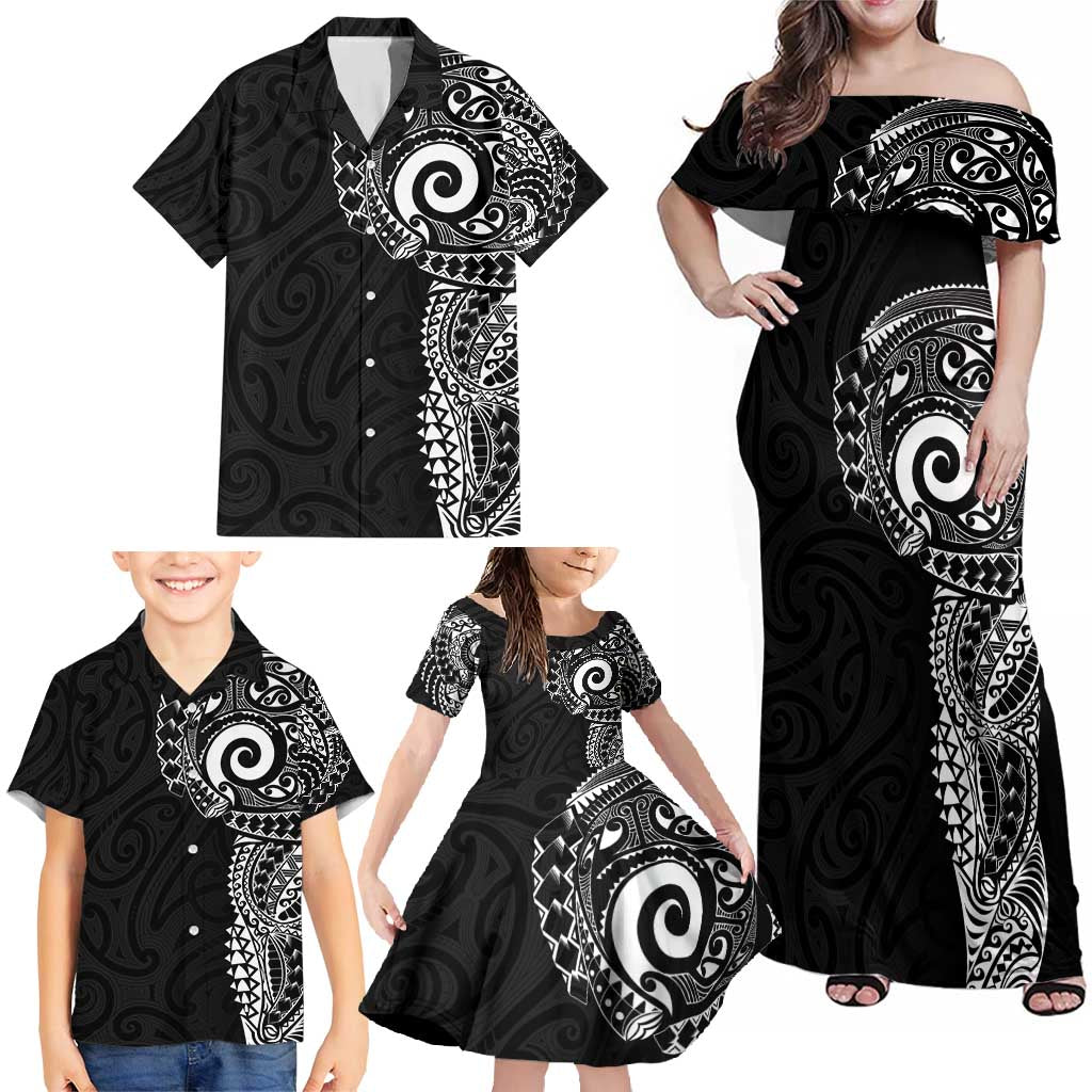 New Zealand Maori Koru Art Traditional Tattoo Family Matching Off Shoulder Maxi Dress and Hawaiian Shirt Simple Style LT03 - Polynesian Pride