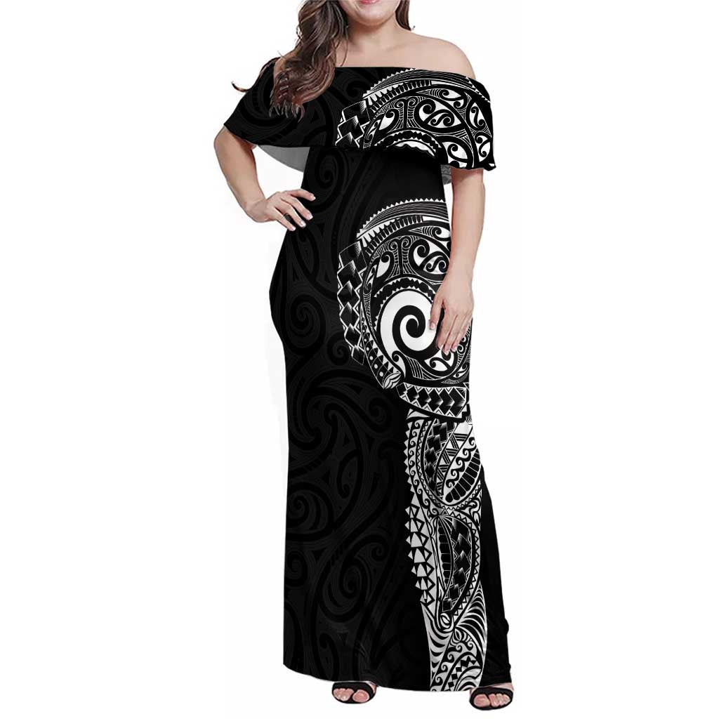 New Zealand Maori Koru Art Traditional Tattoo Family Matching Off Shoulder Maxi Dress and Hawaiian Shirt Simple Style LT03 Mom's Dress Black - Polynesian Pride